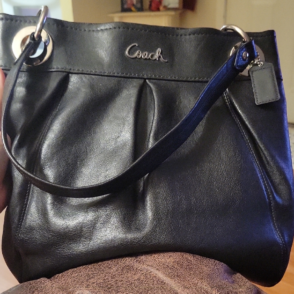Coach Black Leather Shoulder Bag with Silver Accents